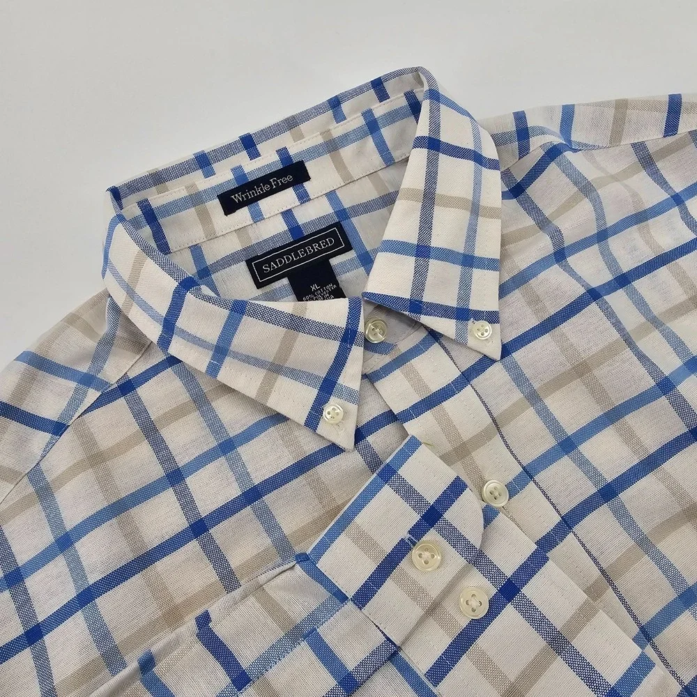 NWT Men's Saddlebred Ivory Beige Blue Plaid Button Down Shirt Size XL